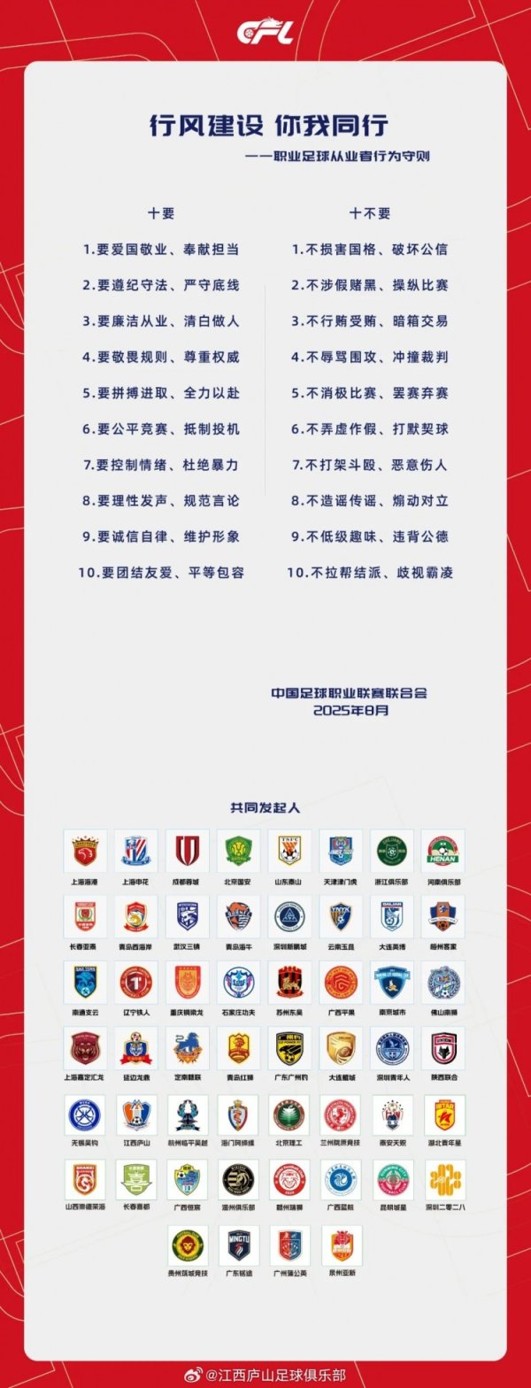 中国足球职业联赛集合会与俱乐部发起《职业足球从业者行径守则》