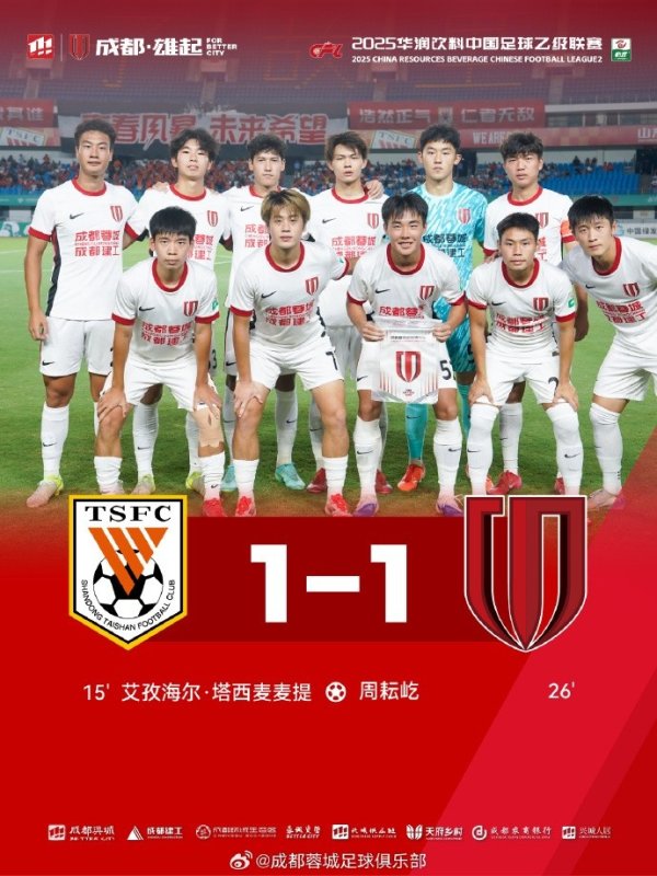 中乙联赛决赛阶段首轮,成齐蓉城B队1-1战平山东泰山B队