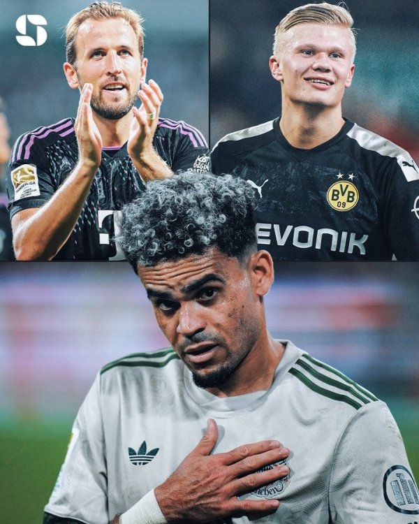 迪亚斯德甲头6场造9球，有记录以来仅次11球的凯恩，追平哈兰德